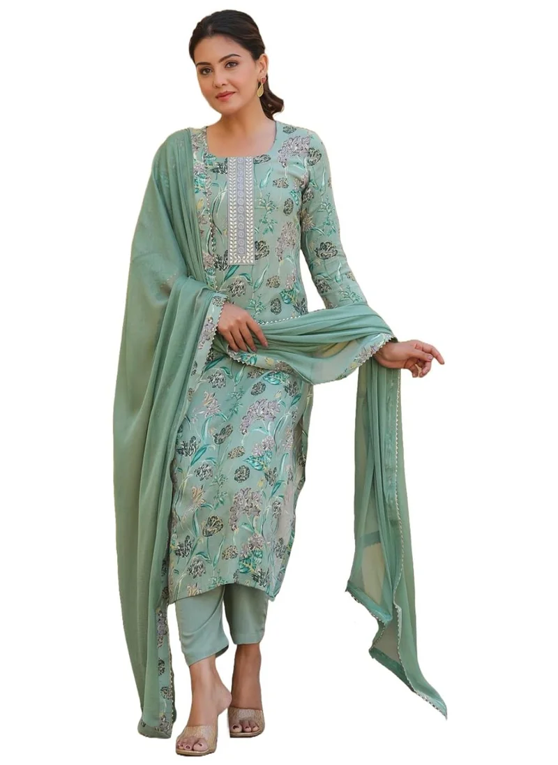 GoSriKi GoSriKi Women's Rayon Blend Printed Straight Kurta with Pant & Dupatta (VICE Green-GS_3XL_Green_XXX-Large)